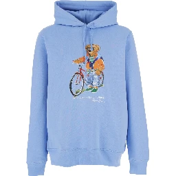 Light Blue Hoodie with Fixed Hood and Maxi Logo on the Front in Cotton for Men