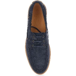 Blue Boat Loafers with Logo Lettering on Back in Suede Man