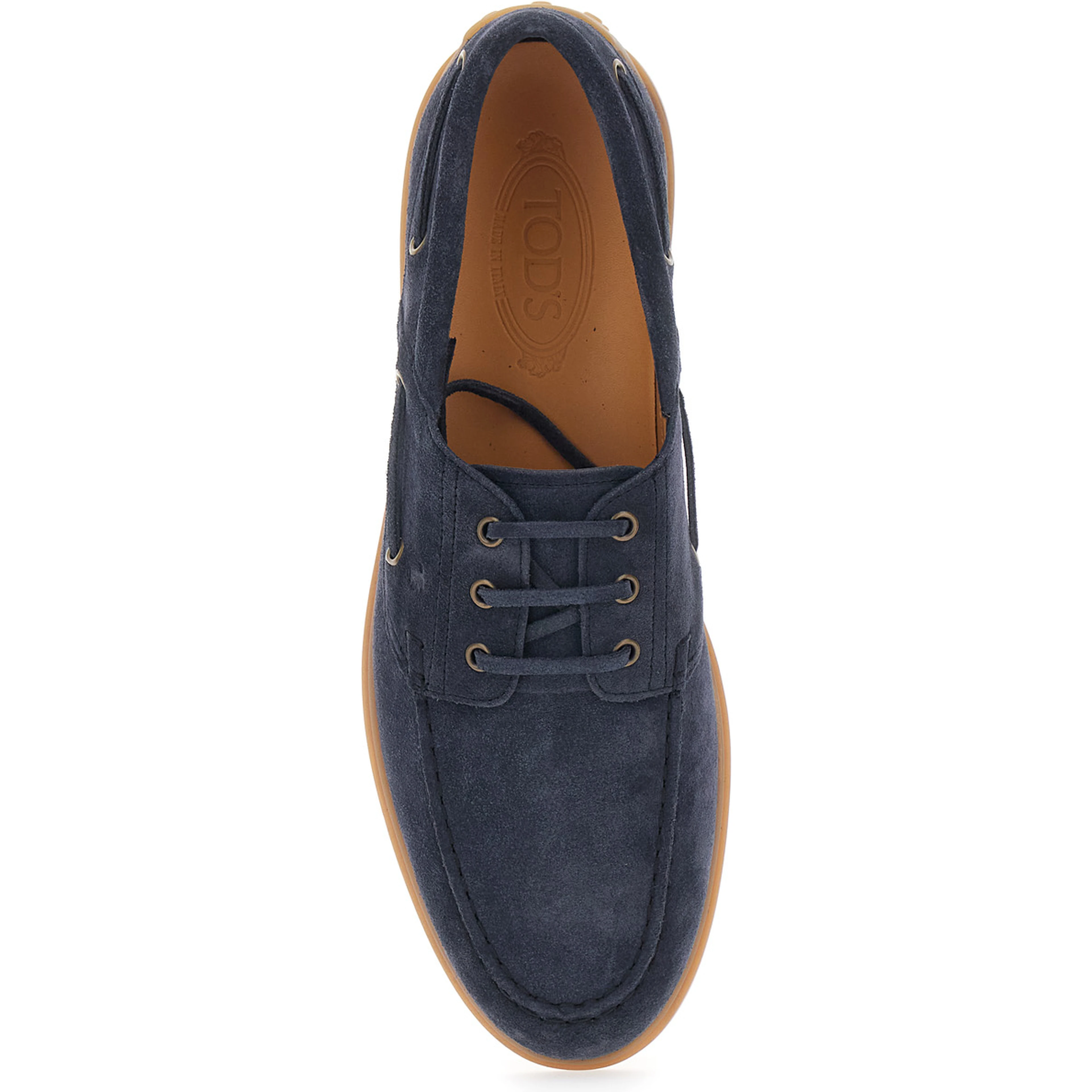 Blue Boat Loafers with Logo Lettering on Back in Suede Man