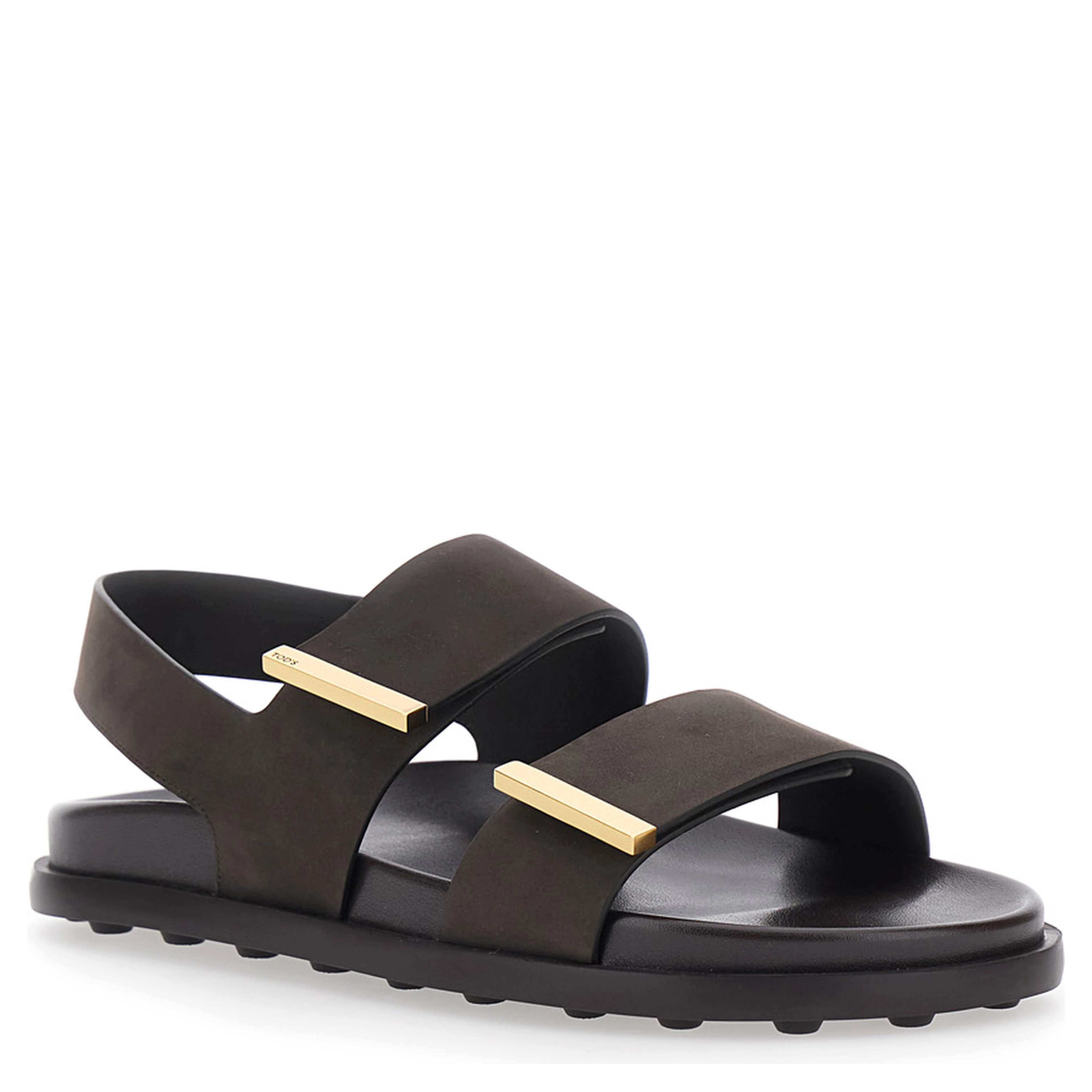 Brown Leather Sandals with Strap Design and Metallic Logo Details for Women