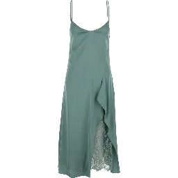 Green Dress DOCKETTA VIS SOFT SATIN with V-neck and Long Silk Sleeves for Women
