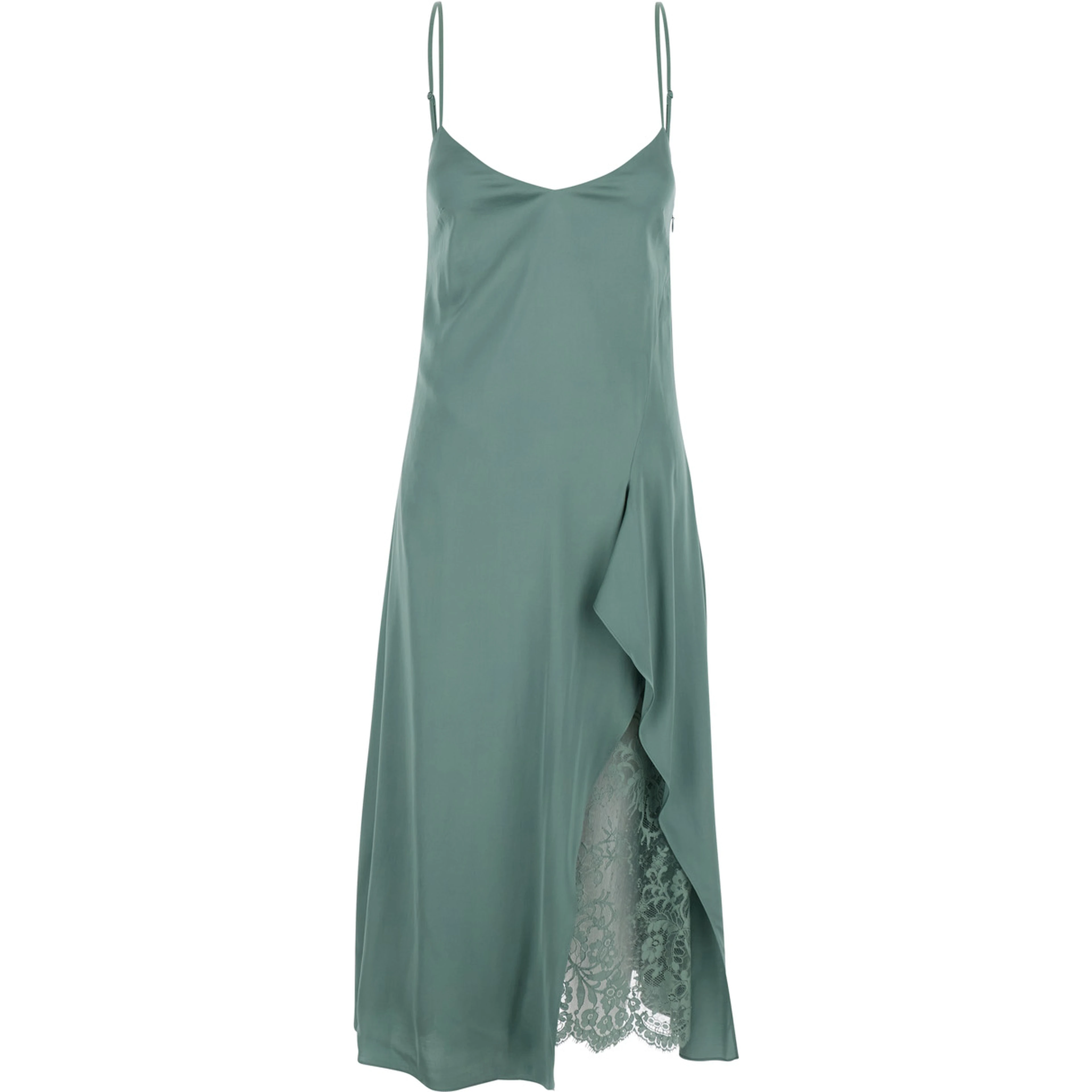 Green Dress DOCKETTA VIS SOFT SATIN with V-neck and Long Silk Sleeves for Women