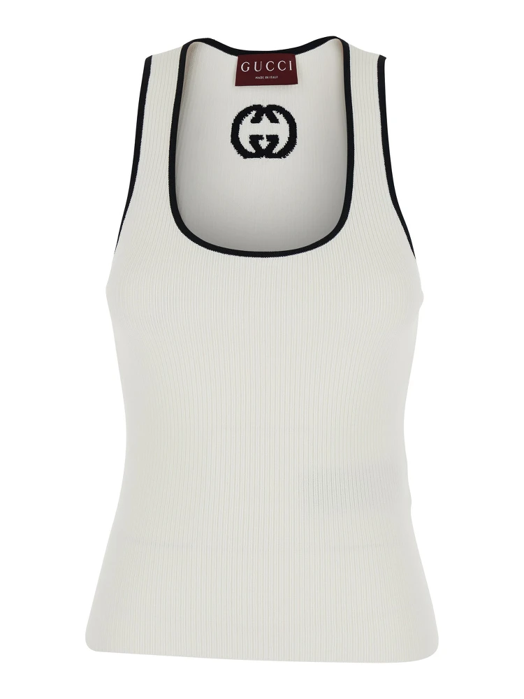 White Sleeveless Top with GG Embroidery on the Rear and Ribbed Knit in Viscose Blend Woman