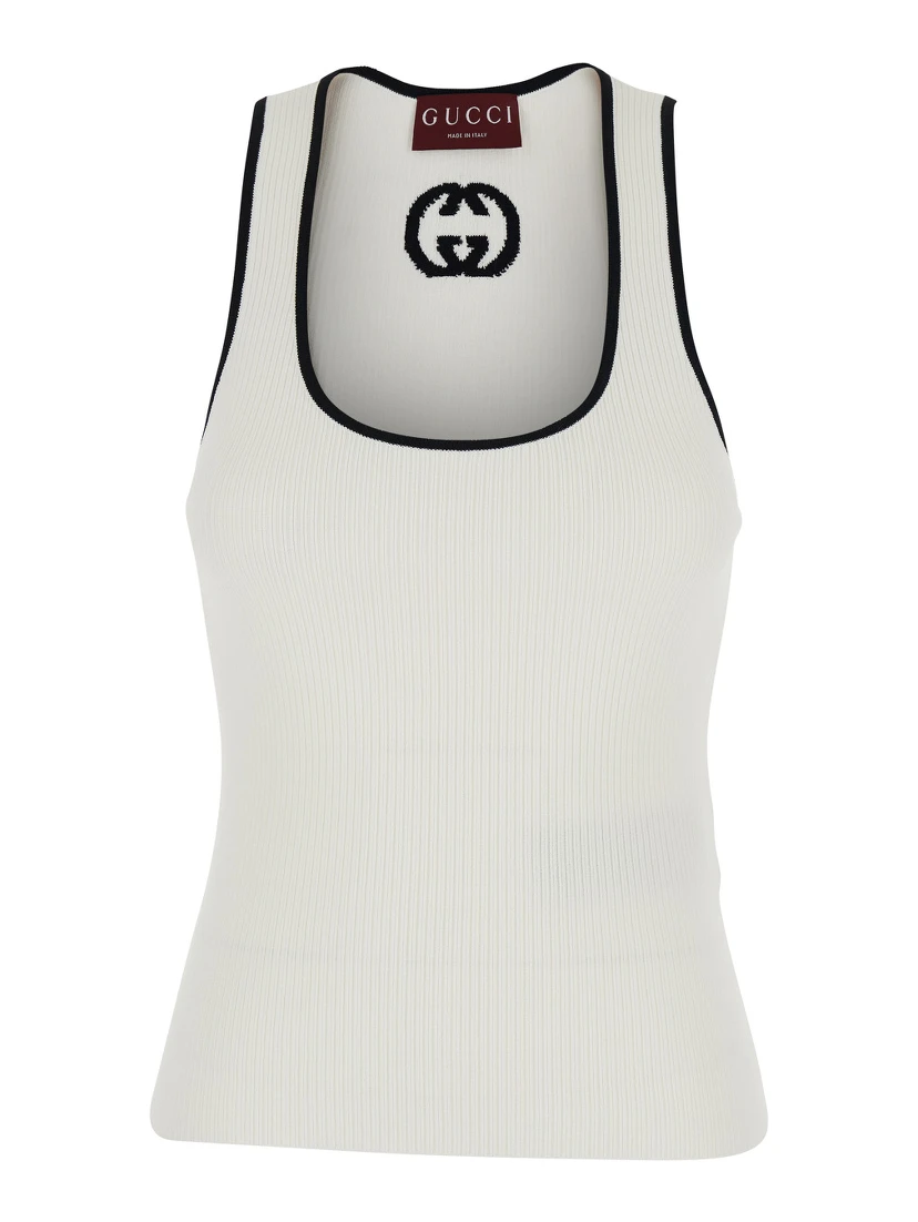 White Sleeveless Top with GG Embroidery on the Rear and Ribbed Knit in Viscose Blend Woman
