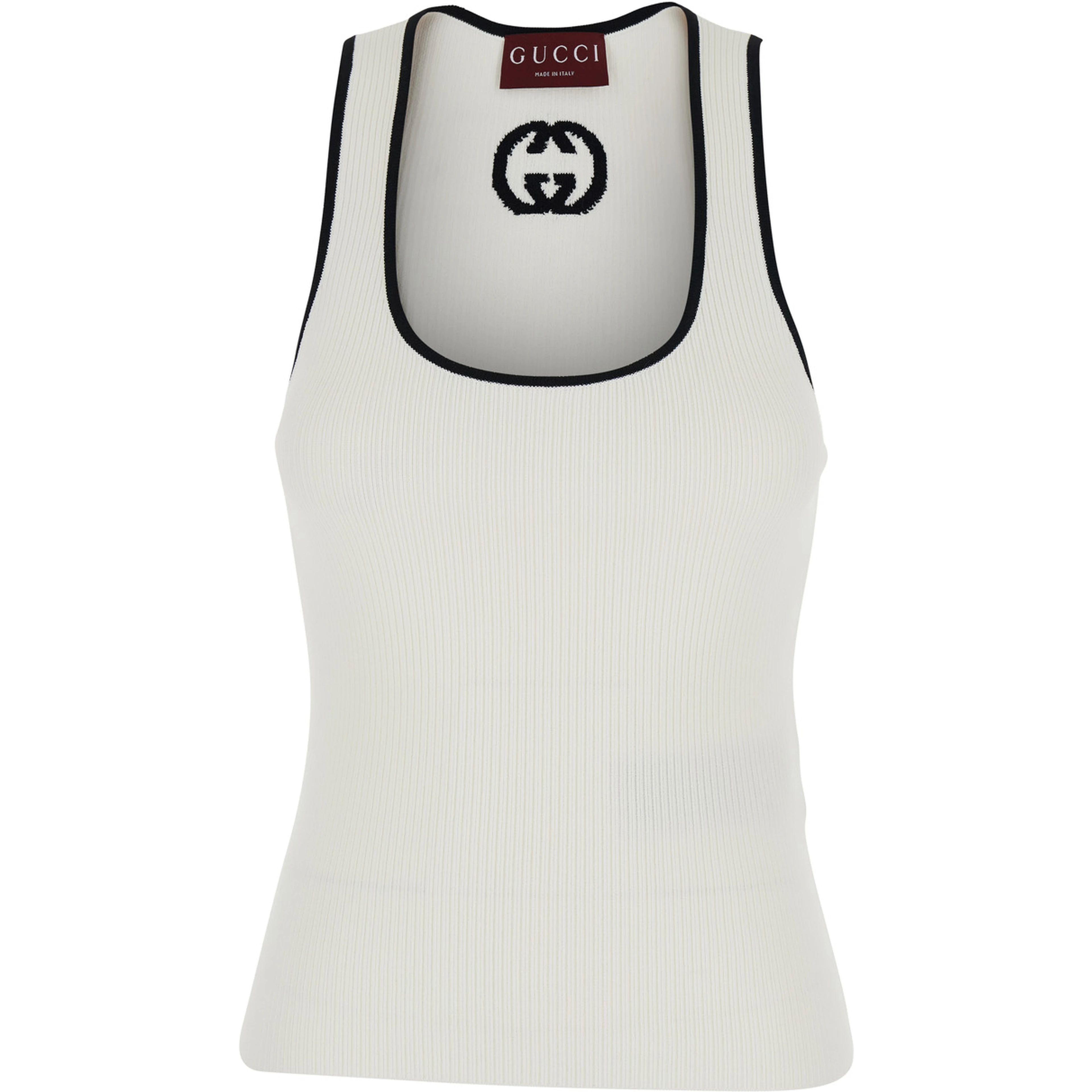 White Sleeveless Top with GG Embroidery on the Rear and Ribbed Knit in Viscose Blend Woman
