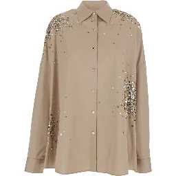 Casia Beige Shirt with Classic Collar and All-Over Rhinestone Embroidery in Cotton Woman