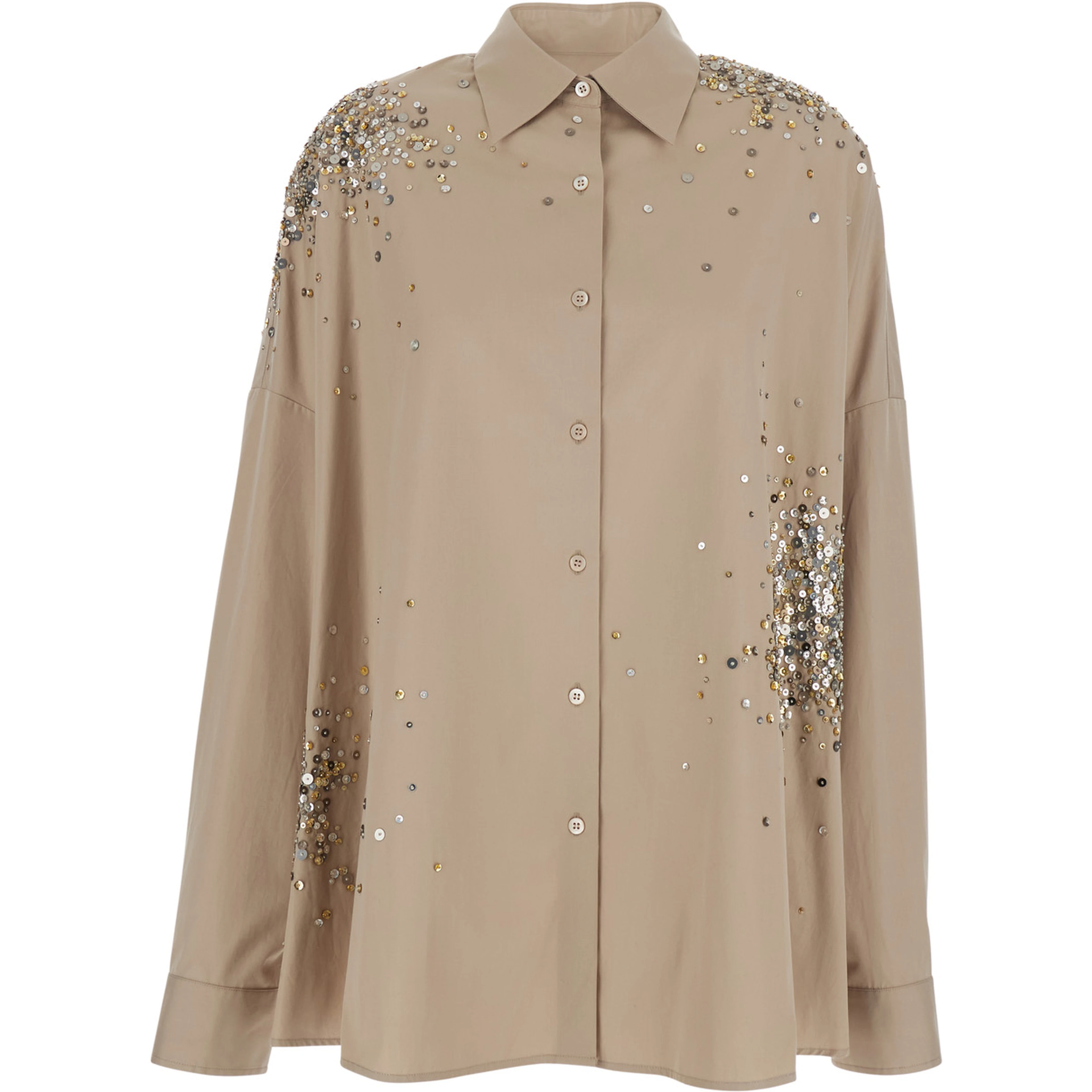 Casia Beige Shirt with Classic Collar and All-Over Rhinestone Embroidery in Cotton Woman