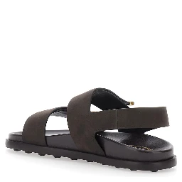 Brown Leather Sandals with Strap Design and Metallic Logo Details for Women