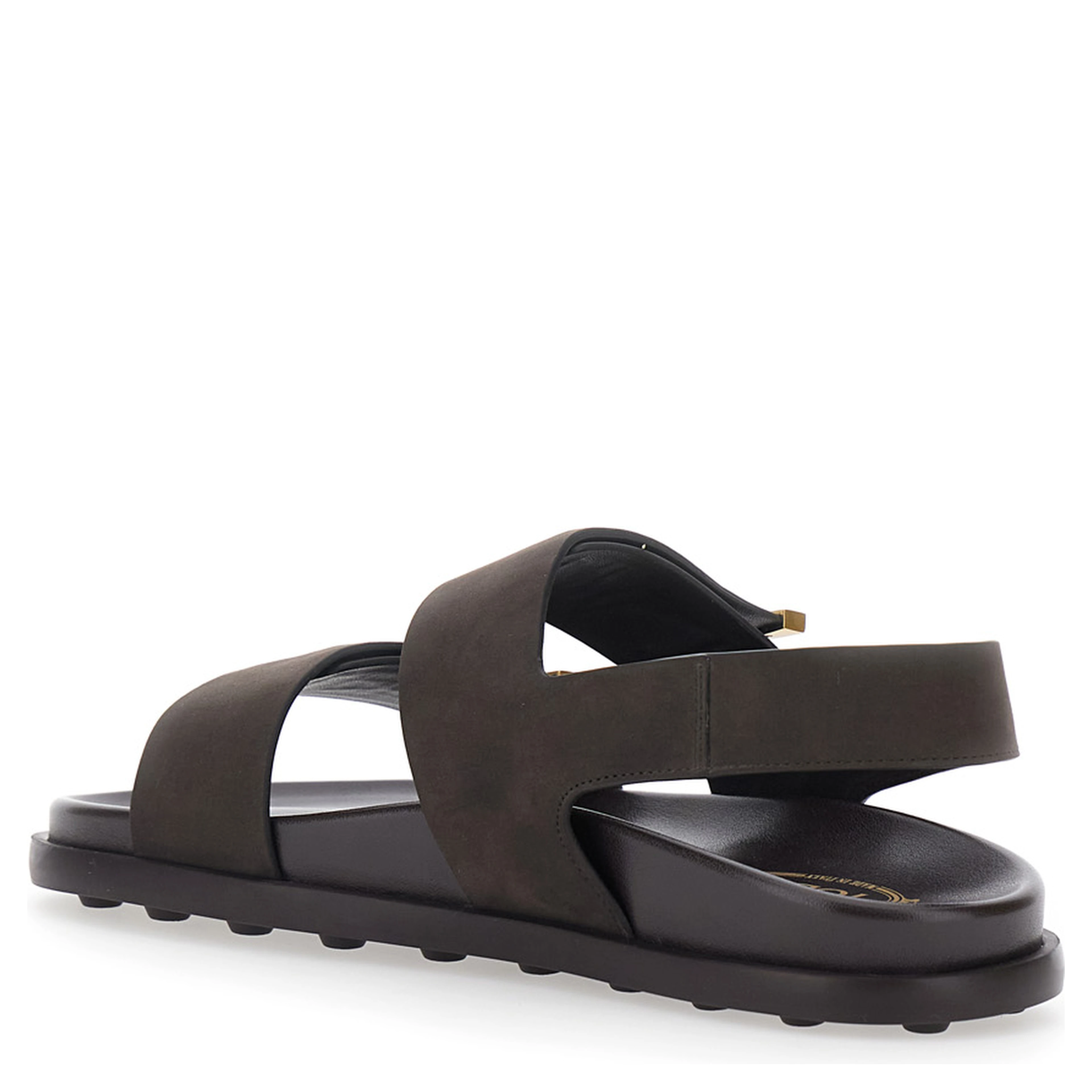 Brown Leather Sandals with Strap Design and Metallic Logo Details for Women