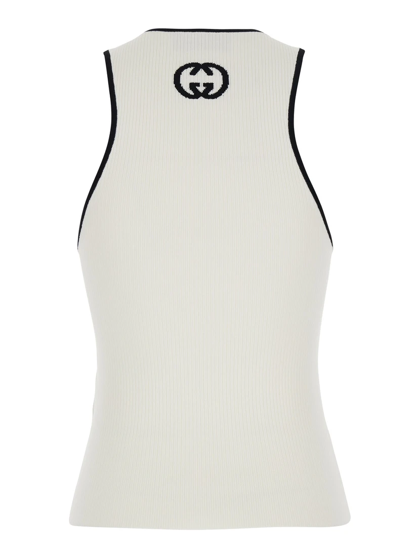 White Sleeveless Top with GG Embroidery on the Rear and Ribbed Knit in Viscose Blend Woman