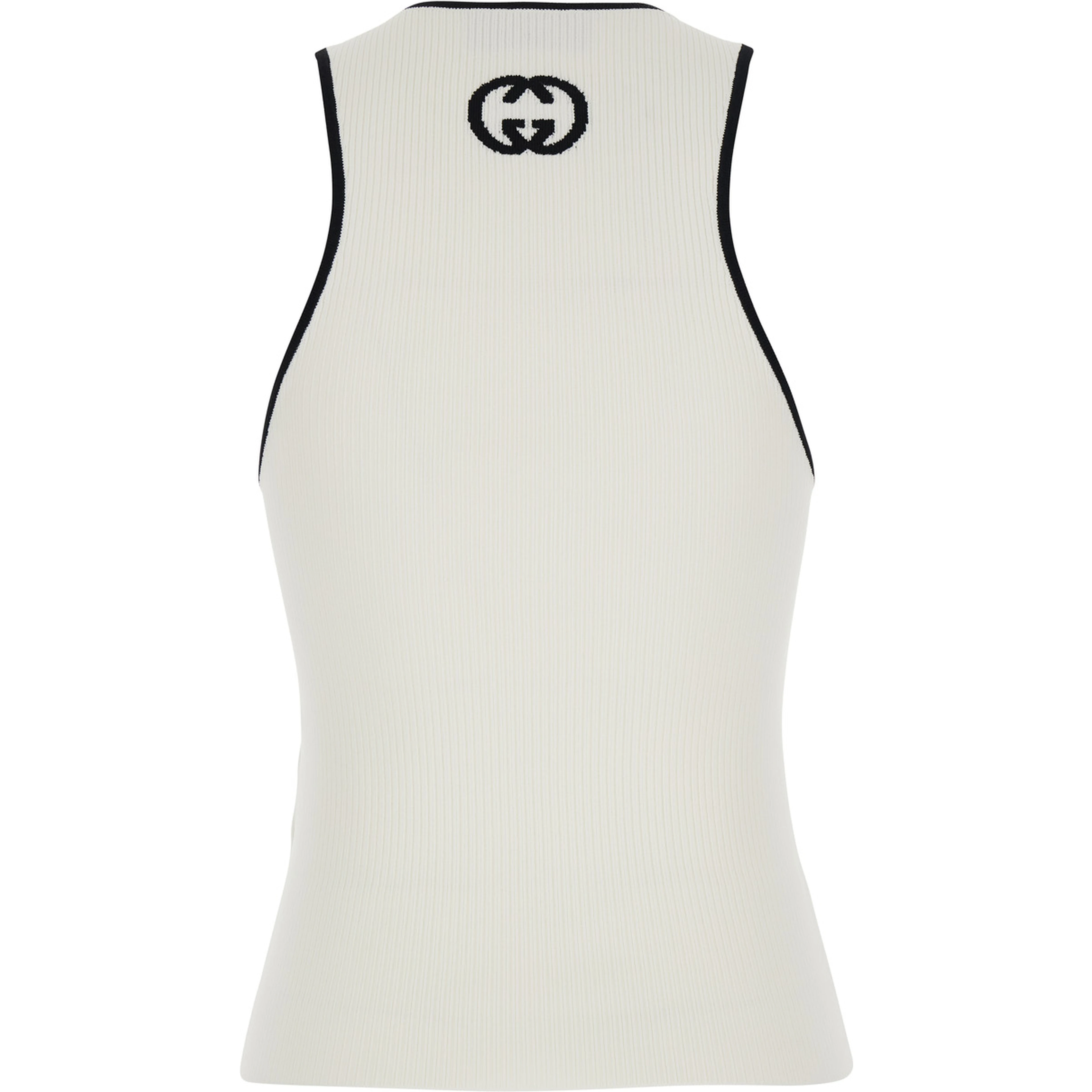 White Sleeveless Top with GG Embroidery on the Rear and Ribbed Knit in Viscose Blend Woman