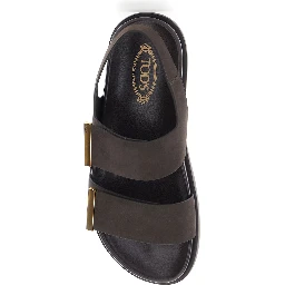 Brown Leather Sandals with Strap Design and Metallic Logo Details for Women