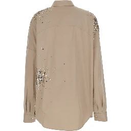 Casia Beige Shirt with Classic Collar and All-Over Rhinestone Embroidery in Cotton Woman