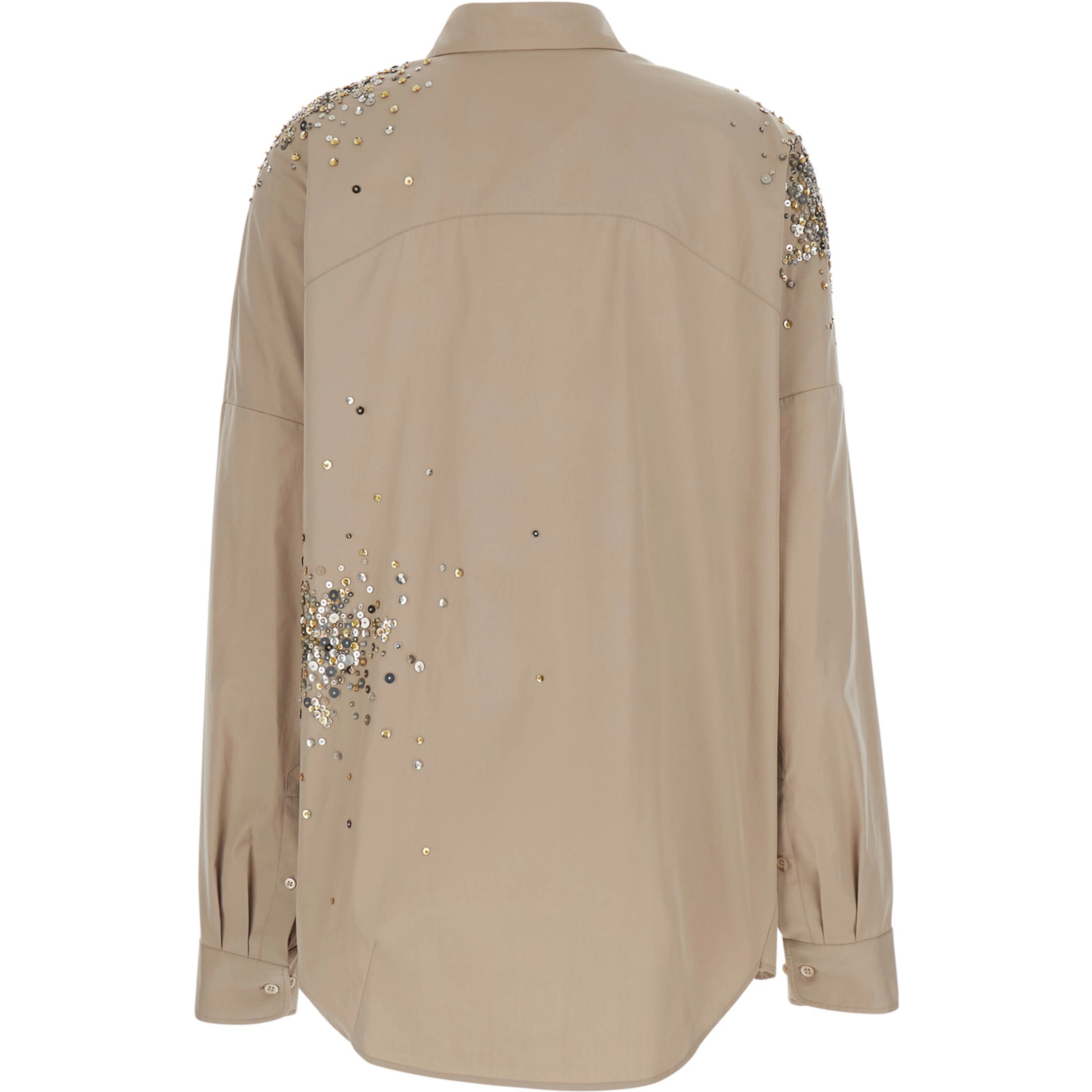 Casia Beige Shirt with Classic Collar and All-Over Rhinestone Embroidery in Cotton Woman