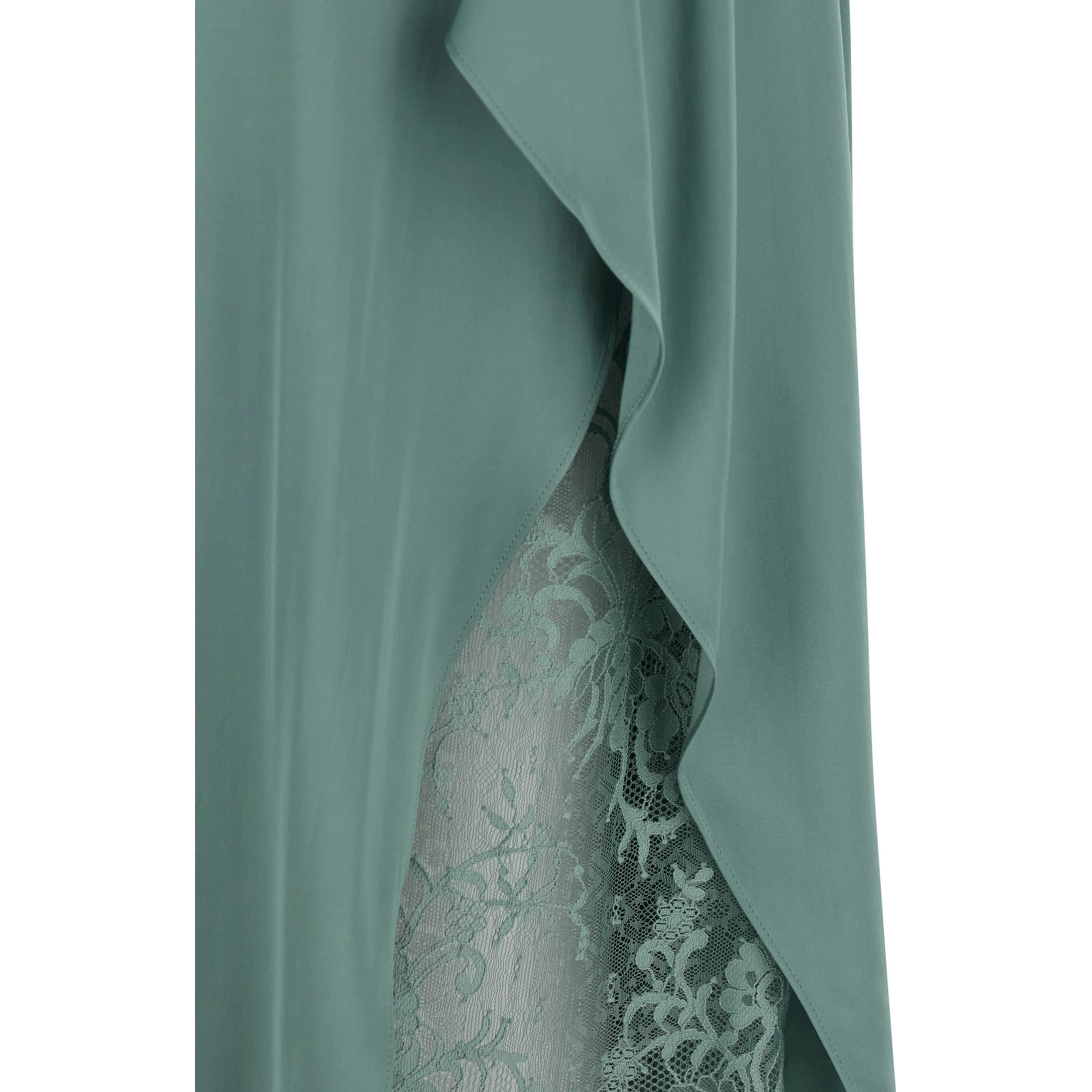 Green Dress DOCKETTA VIS SOFT SATIN with V-neck and Long Silk Sleeves for Women