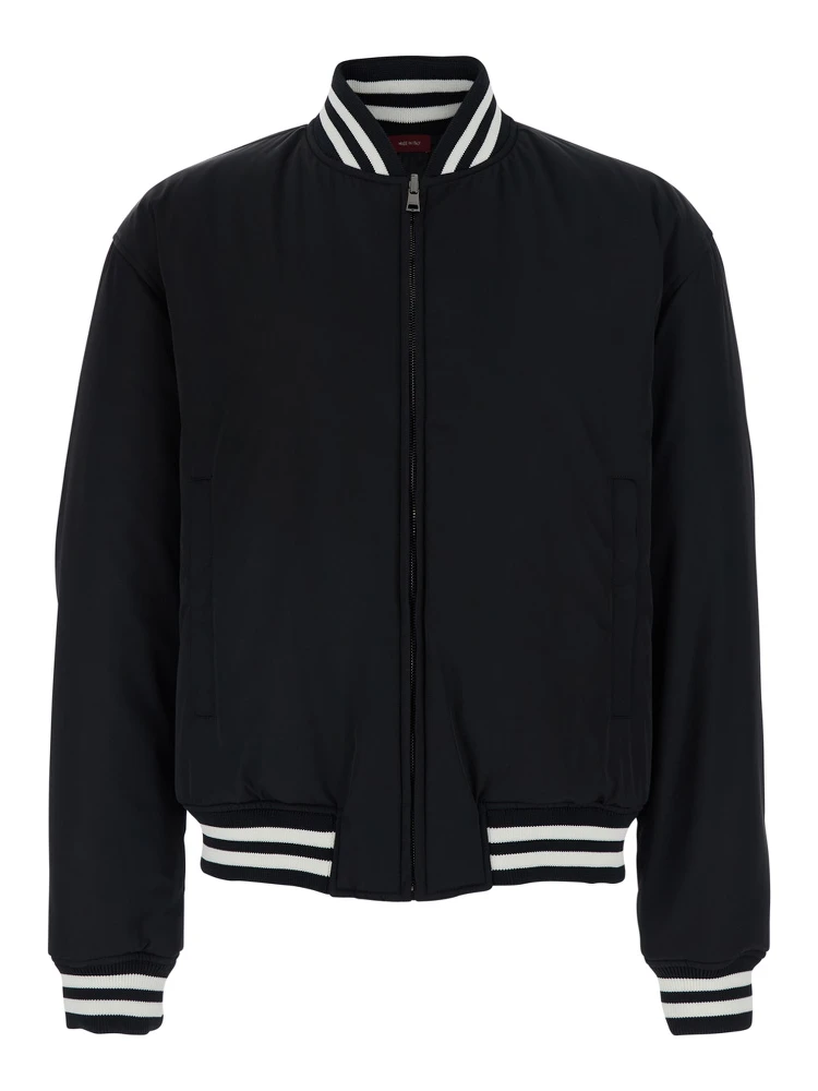 Black Reversible Jacket with Contrasting Details and Bomber Collar in Tech Fabric for Men