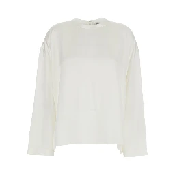 White Viscose Crew Neck Blouse with Hidden Zip Closure at the Back for Women