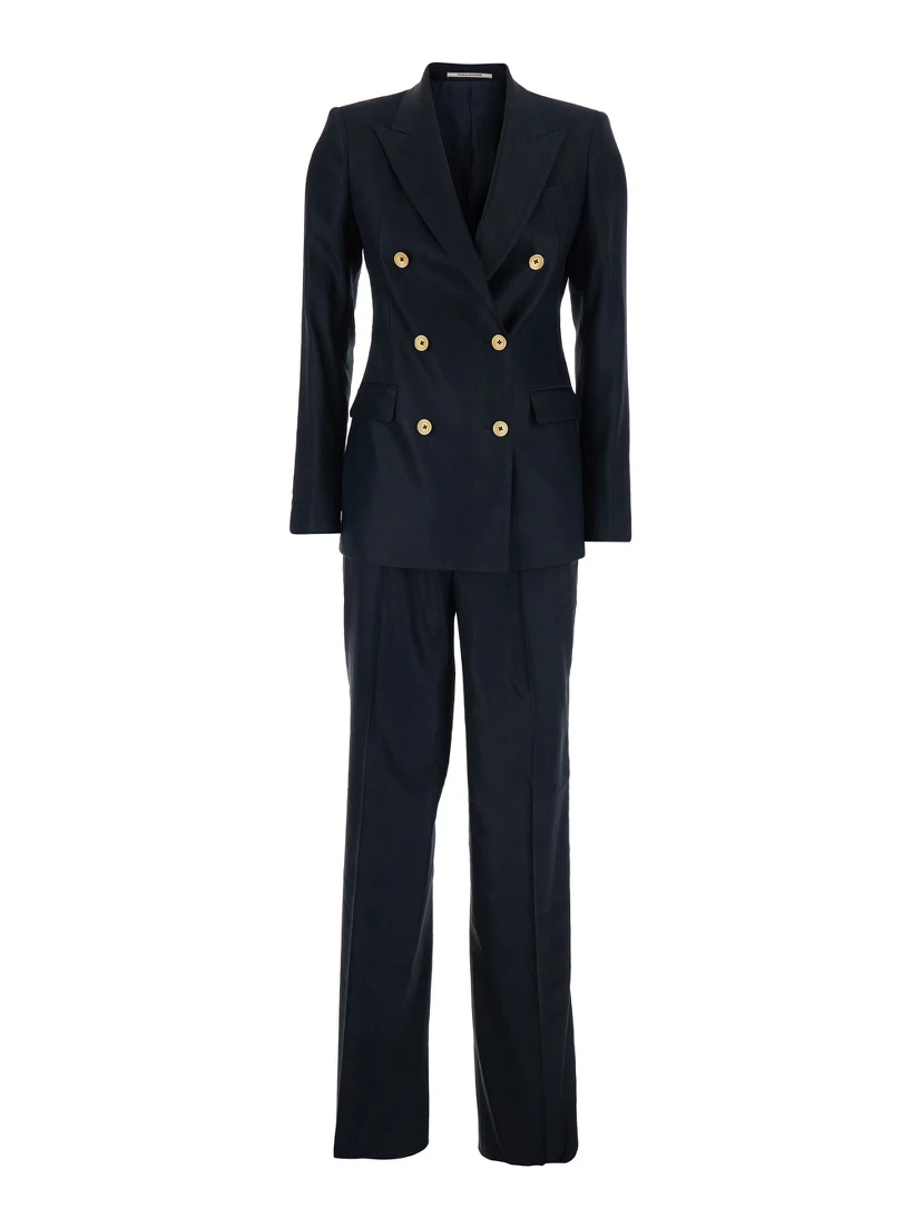 blue Double-breasted suit in linen blend for women