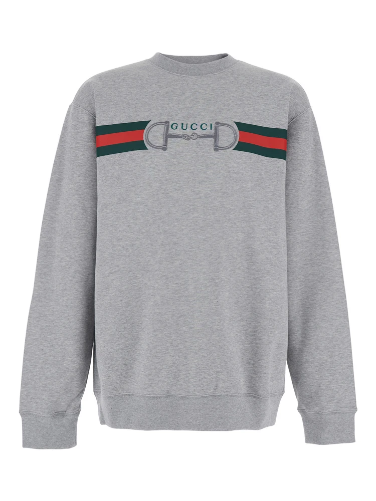Grey Crewneck Sweatshirt with Logo Detail on the Front in Cotton for Men