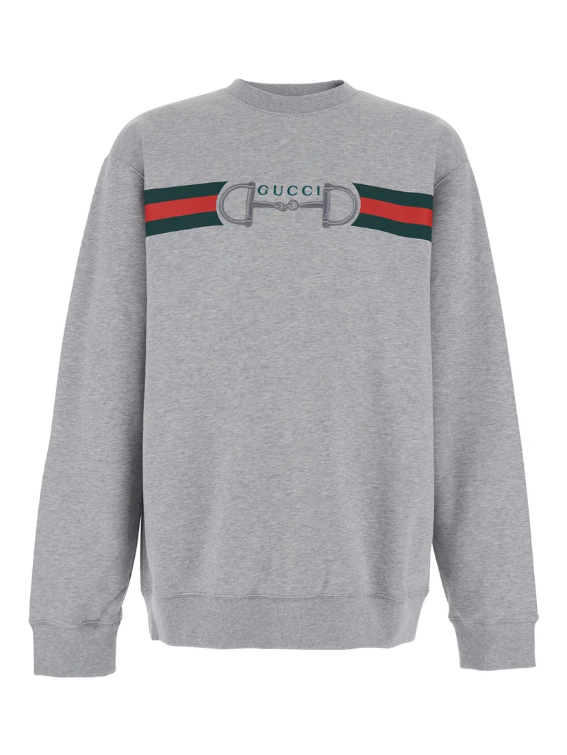 Grey Crewneck Sweatshirt with Logo Detail on the Front in Cotton for Men