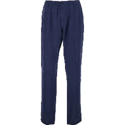 Mens Blue Straight-Leg Linen Trousers