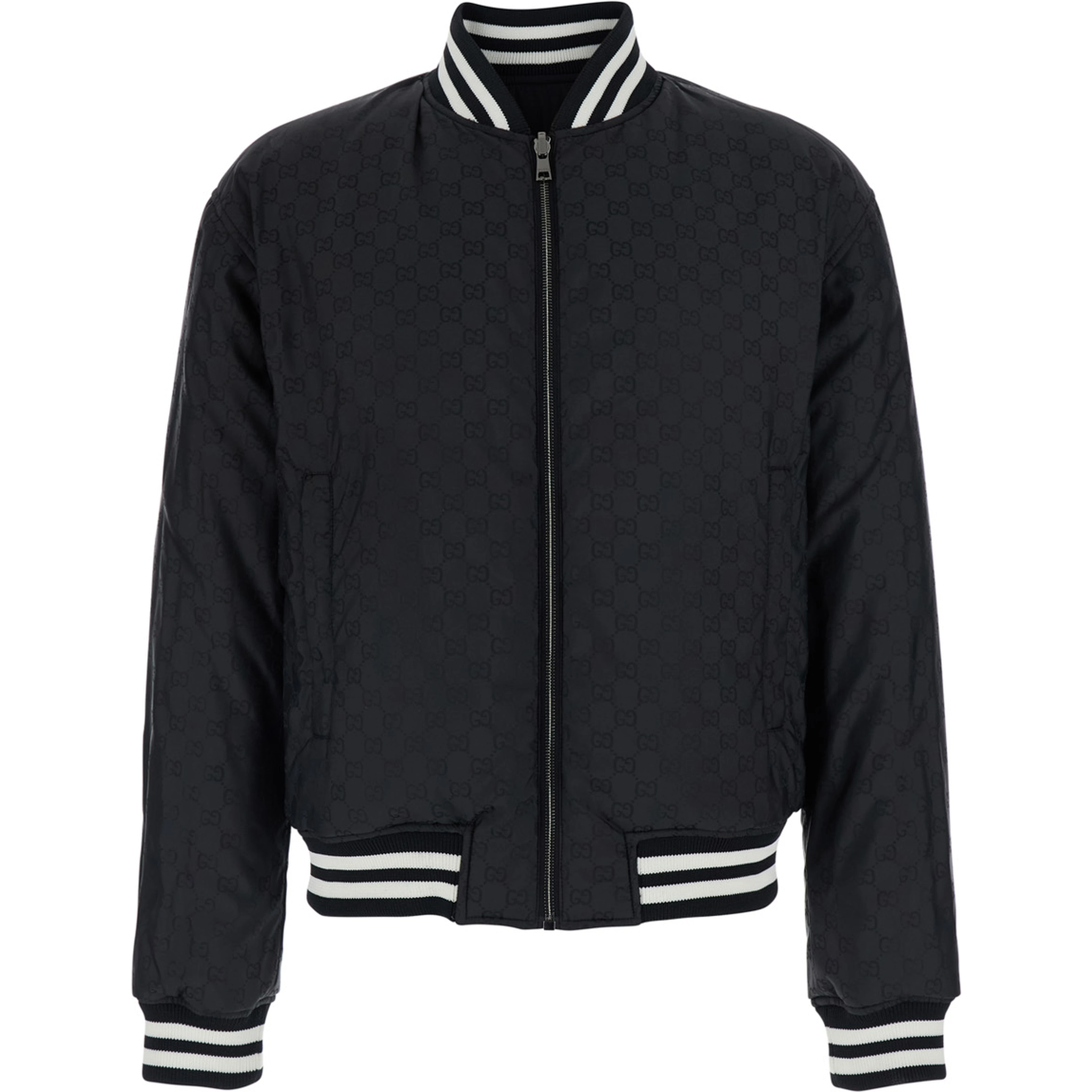 Black Reversible Jacket with Contrasting Details and Bomber Collar in Tech Fabric for Men