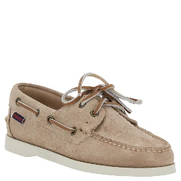 Portland Dockside Beige Loafers with Decorative Laces on the Sides and Contrasting Stitching in Suede Woman