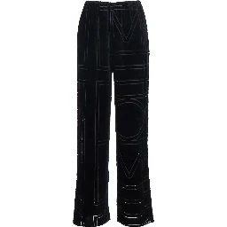 Black Pants with Elastic Waist and All-Over Logo Monogram in Velvet for Women