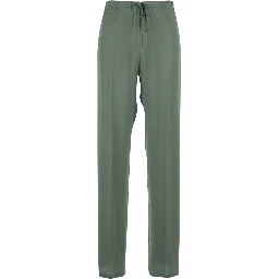 Green Womens Pants with Elastic Waist and Drawstring in Silk Blend