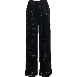 Black Pants with Elastic Waist and All-Over Logo Monogram in Velvet for Women