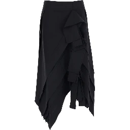Black Midi skirt with all-over ruffles in wool for women