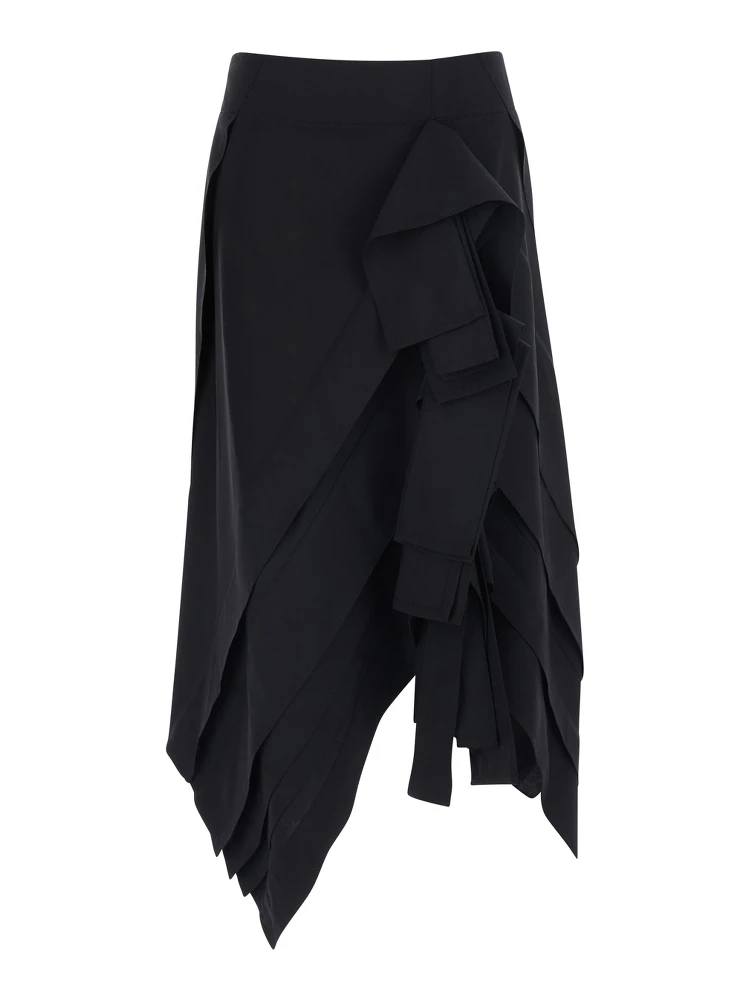 Black Midi skirt with all-over ruffles in wool for women