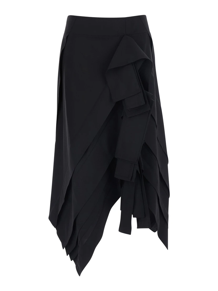 Black Midi skirt with all-over ruffles in wool for women