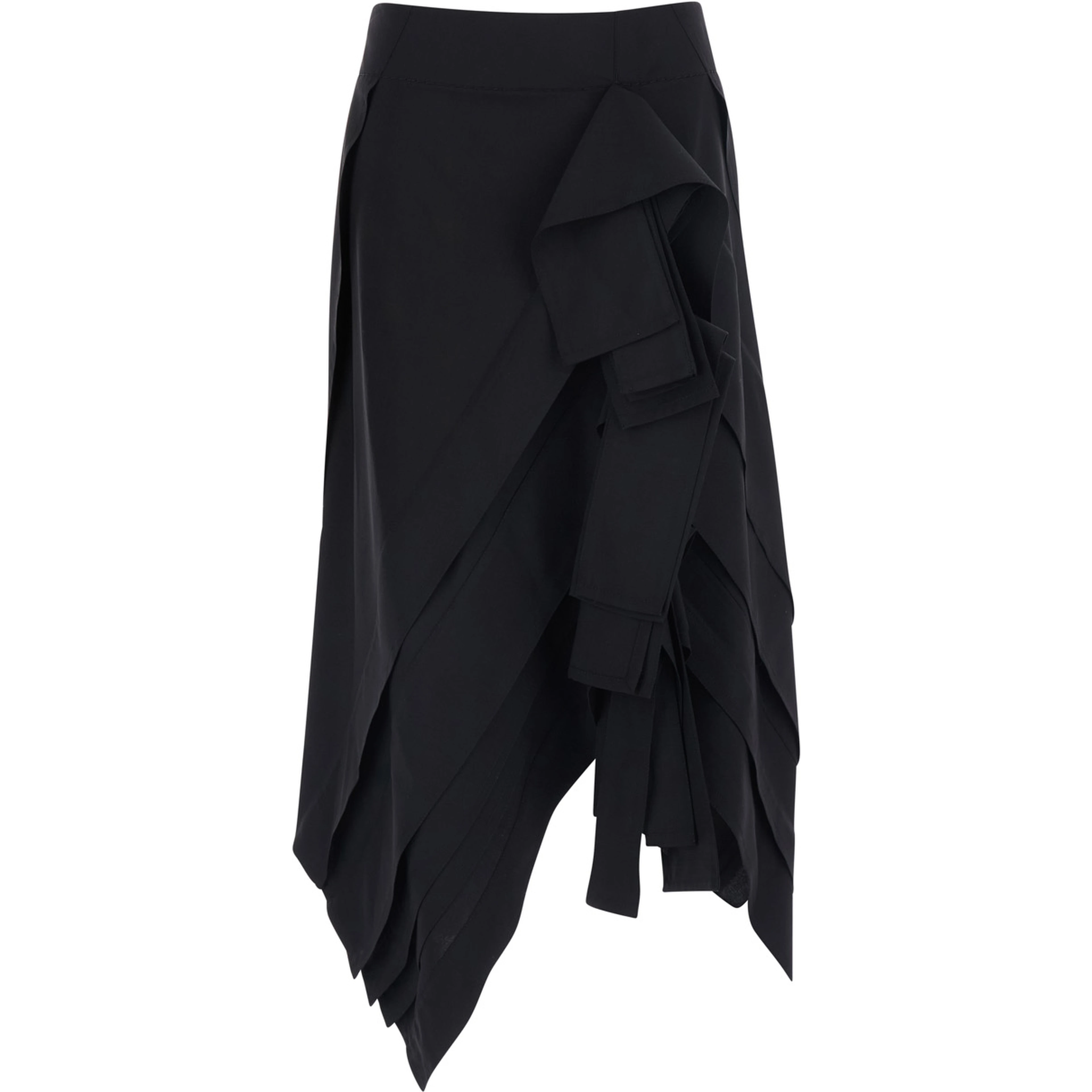 Black Midi skirt with all-over ruffles in wool for women