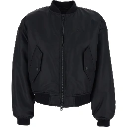 Bomber Jacket with High Collar and Two Side Pockets in Black Tech Fabric for Women