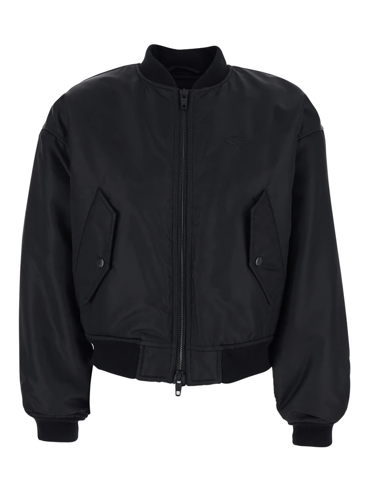 Bomber Jacket with High Collar and Two Side Pockets in Black Tech Fabric for Women