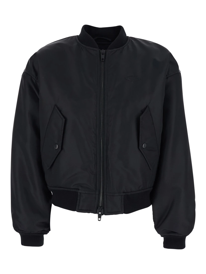 Bomber Jacket with High Collar and Two Side Pockets in Black Tech Fabric for Women