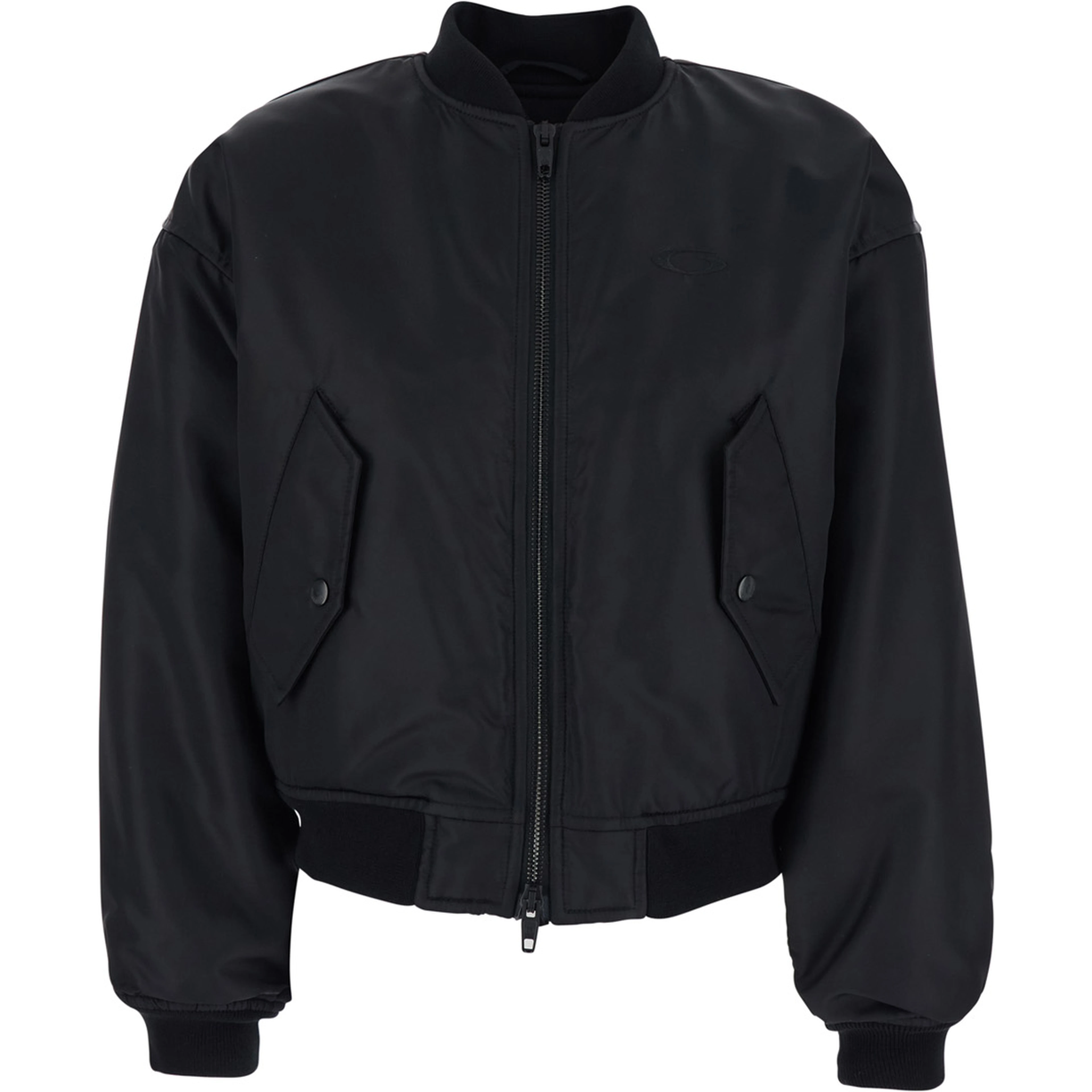 Bomber Jacket with High Collar and Two Side Pockets in Black Tech Fabric for Women