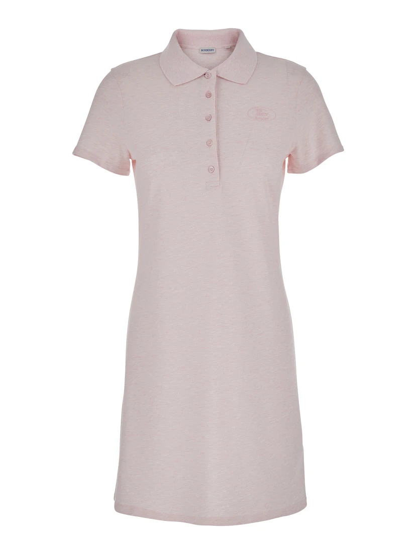Pink Dress with Polo Collar and Front Logo in Cotton for Women
