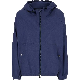 Blue Jacket with Front Zip Closure and Fixed Hood in Cotton Blend for Women