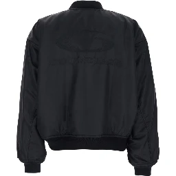 Bomber Jacket with High Collar and Two Side Pockets in Black Tech Fabric for Women