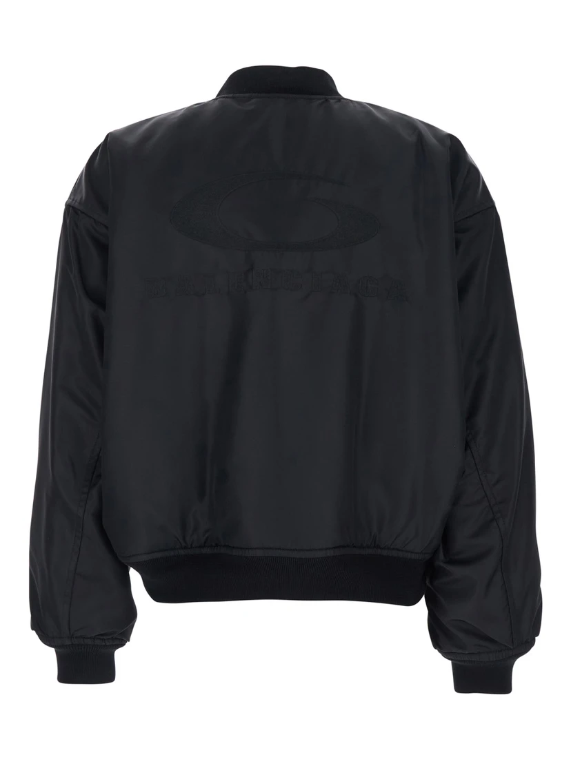 Bomber Jacket with High Collar and Two Side Pockets in Black Tech Fabric for Women