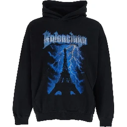 Black Hoodie with Fixed Hood and Maxi Logo Print on the Front in Cotton for Men