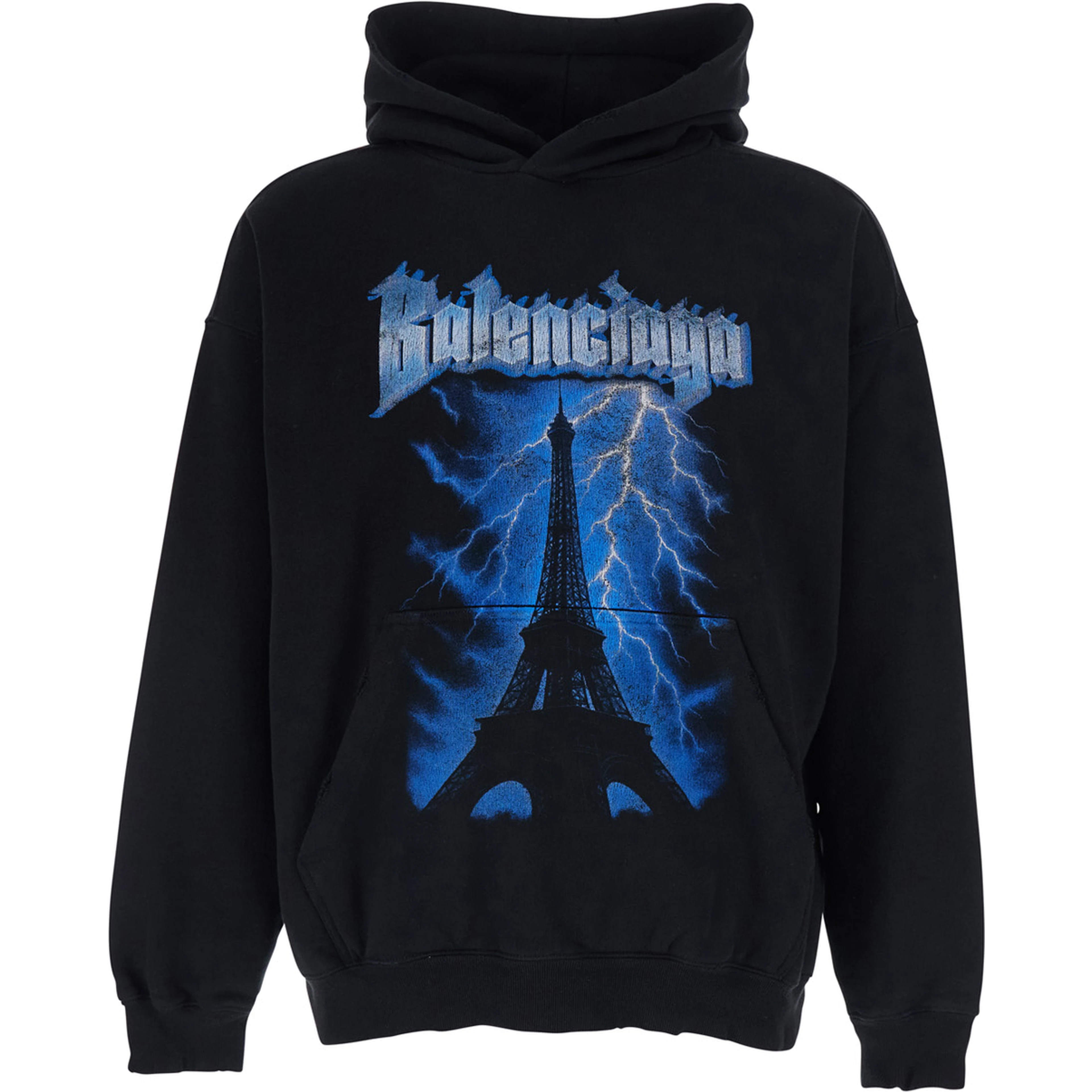 Black Hoodie with Fixed Hood and Maxi Logo Print on the Front in Cotton for Men