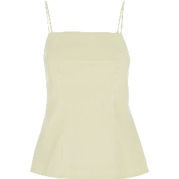 Yellow Sleeveless top with square neckline and button closure at the back in linen for women