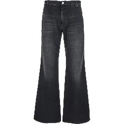 Black Jeans with Wide Leg and Logo Patch on the Back in Denim for Men