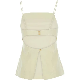 Yellow Sleeveless top with square neckline and button closure at the back in linen for women