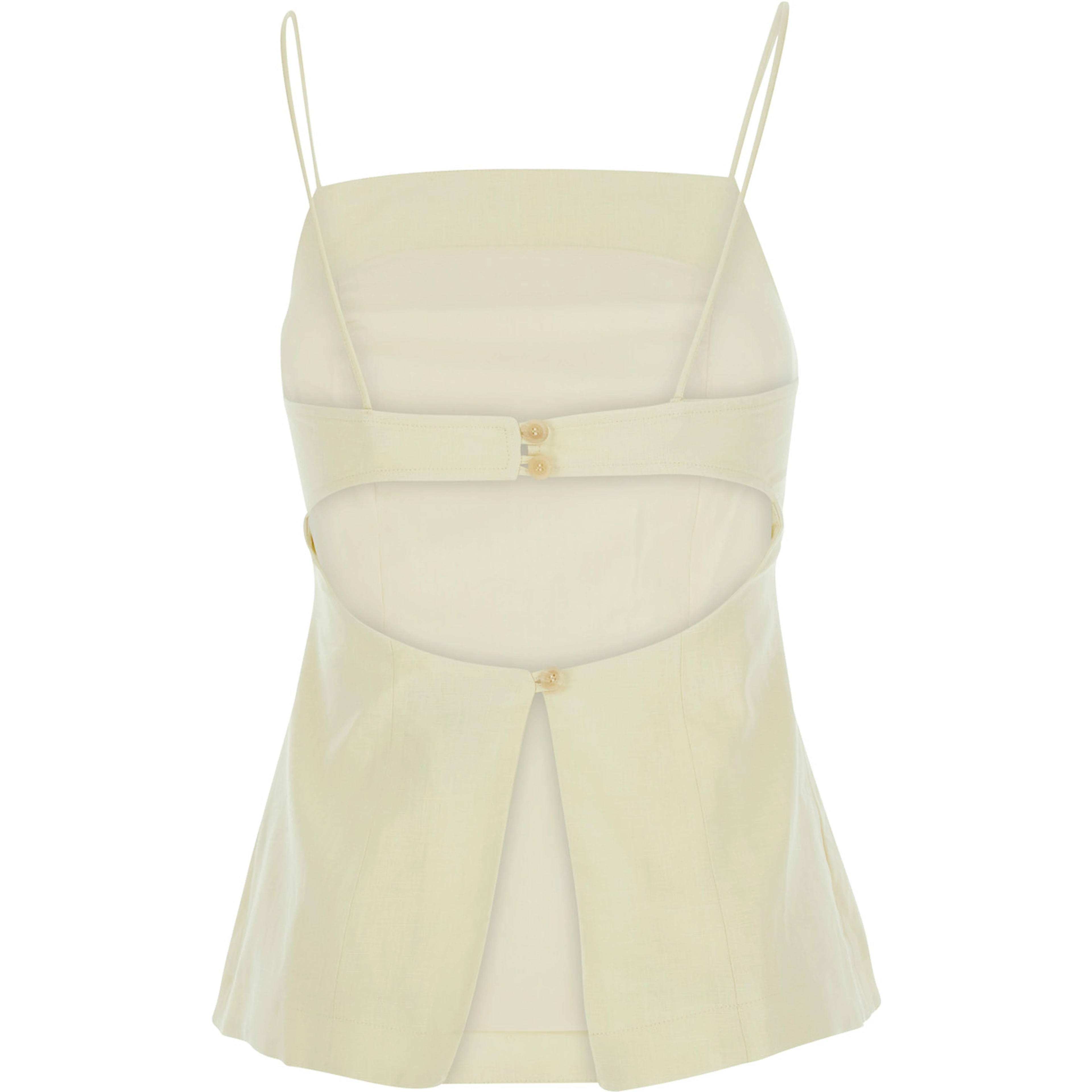 Yellow Sleeveless top with square neckline and button closure at the back in linen for women