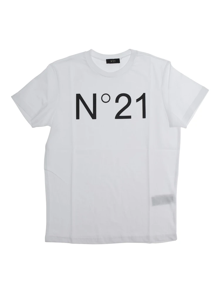 T-Shirt N°21 Crew Neck with Maxi Logo Print on the Front in White Cotton Girl