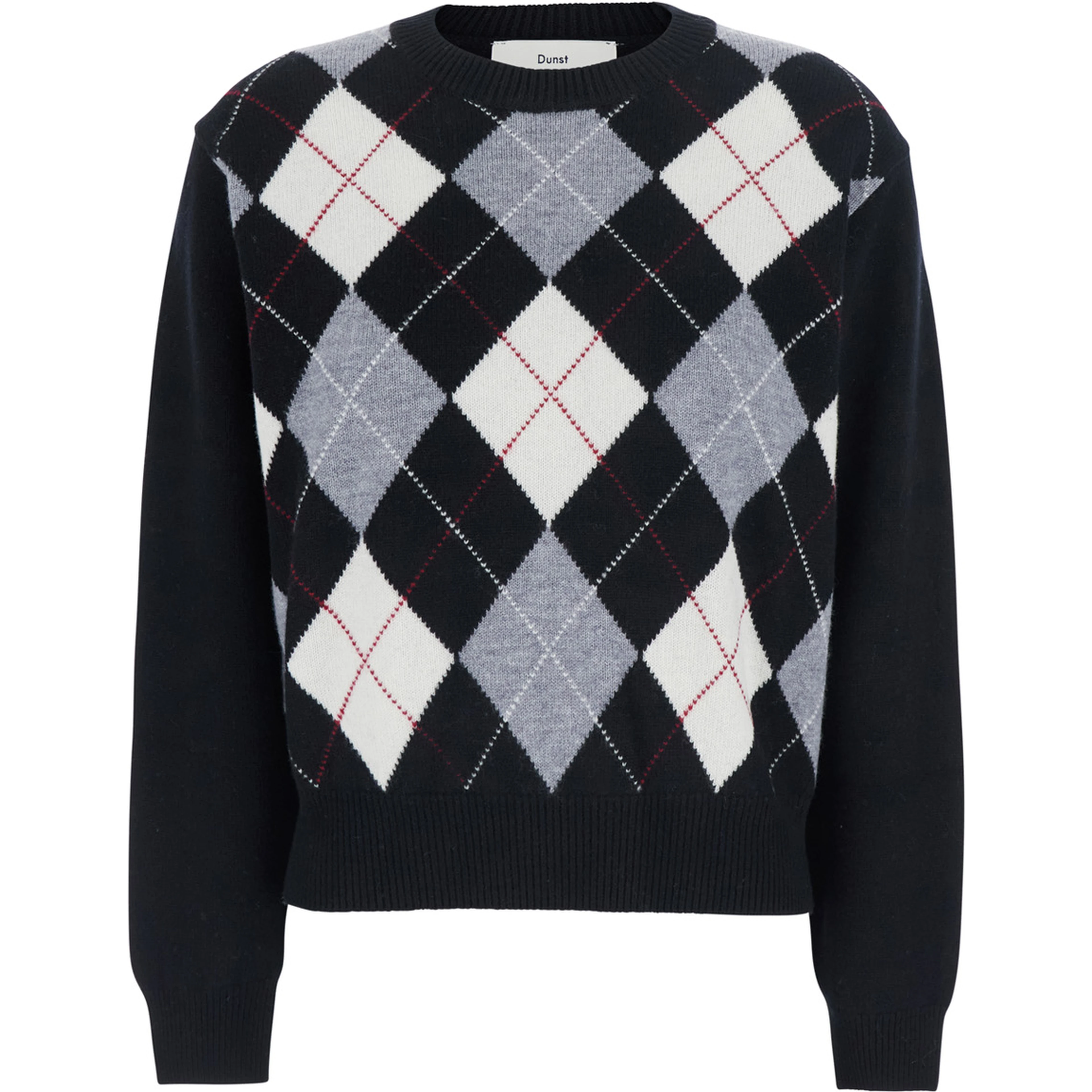 UNISEX ARGYLE CREW NECK SWEATER with round collar, 100% wool, black color, unisex